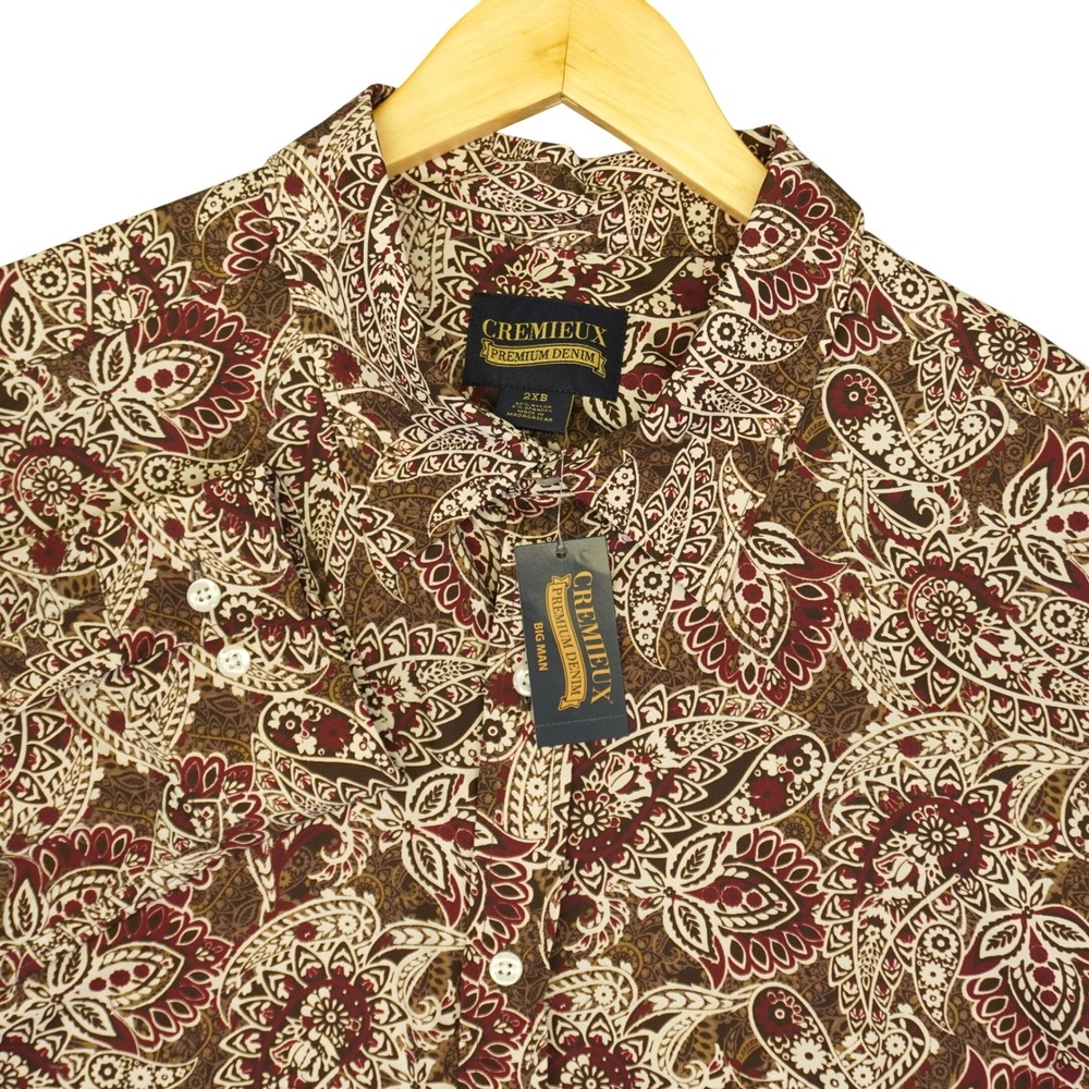 NEW Cremieux Button Up Mens 2XB Brown Paisley Long Sleeve Stretch Performance